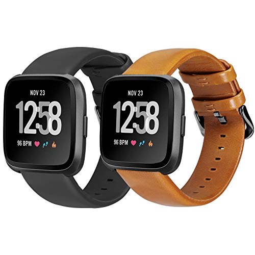 eseekgo Compatible with Fitbit Versa Bands Leather, Classic Versa 2 Bands for Men Women, Replacement Versa Lite Straps Large, Soft Black Buckle Wristband Compatible with Fitbit Versa 1