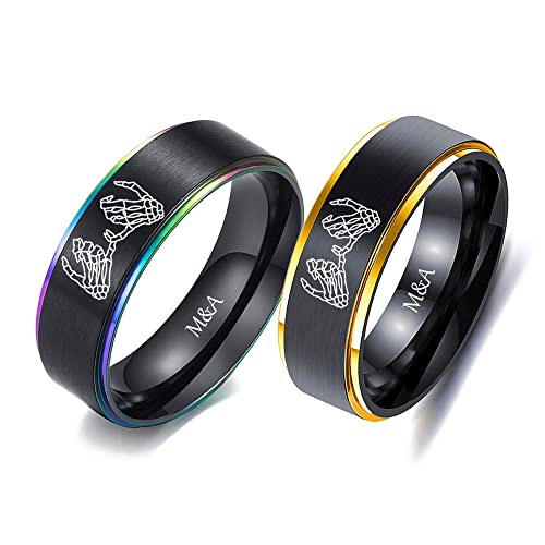 Personalized Couples Matching Rings Set - Custom Name Rings for Him & Her - Black Wedding Rings - His & Hers Engagement Rings - Christmas & Valentine's Day Jewelry (Skeleton Pinky Promise)