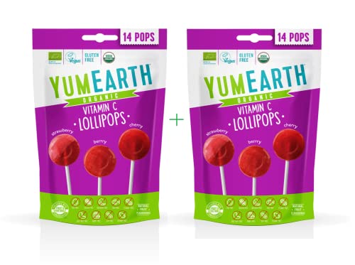 Yumearth - piruletas ecológicas de frutas con vitamina C - 14 unidades (pack 2 bolsas sabor fresa, cereza y frutos rojos)