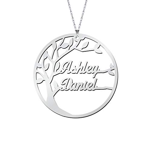 Image of Personalised family tree silver necklace 2 names family named necklace silver tree of life necklace for women necklace with names of children personalised necklace for mum (silver)
