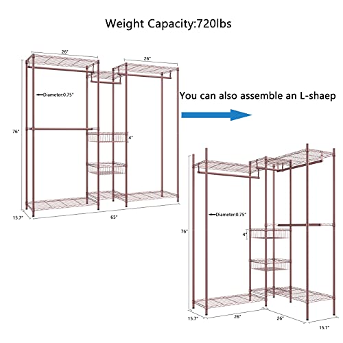 Xiofio 6 Tiers Heavy Duty Clothes Rack, Metal Clothing Rack,Clothing Storage Organizer,Garment Rack With Basket,Hanging Adjustable Garment Rack,65.0" L X 15.7" W X 76.0" H,Max Load 800Lbs,Bronze #TOP3