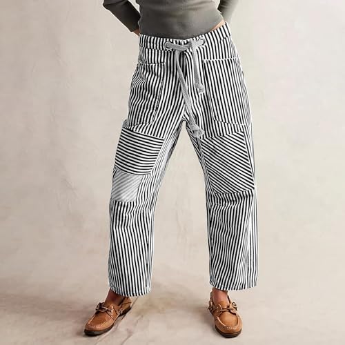 Franhais Womens Y2k Striped Barrel Jeans High Waist Wide Leg Drawsrting Denim Pants Casual Vintage Patchwork Boyfriend Jenas2