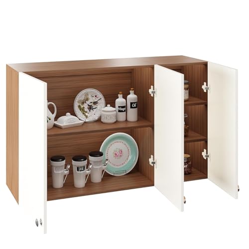 Image of FURNEASER Wall Mounted Kitchen Cabinet, Exotic Teak & White 2 | Engineered Wood, Doors & Open Shelves, Wall Storage, Modern Wall Organizer Cupboard