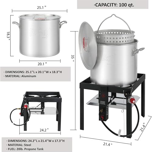 Image of Feasto 100QT Seafood Boil Pot with Basket and Burner for Outdoor Cooking