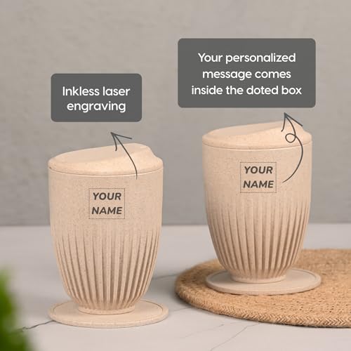 Image of Eha Earth Friendly Customised Coffee Mugs and Coasters Set of 2 with Loopac, 350 ml | Made with Rice Husk Biocomposite | Personalized Gifts for Friends and Family | Sand Castle