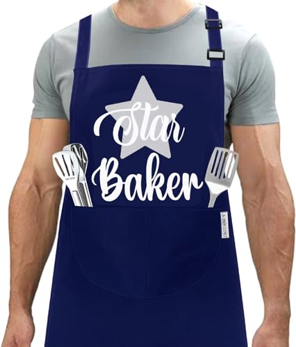 LINEN CLOSET® Baking Aprons with Pockets - Funny Baking Gifts for Men, Women, Mother, Daughter & Wife - Star Baker Apron Navy
