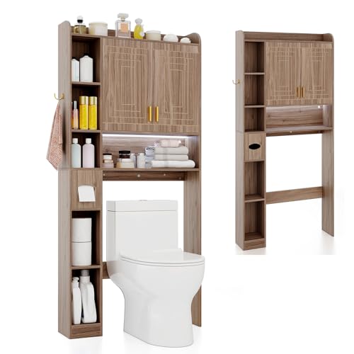 GOPLUS Meuble Salle de Bain avec LED, Meuble WC Dessus de Toilette ou Machine à Laver, Armoire Salle de Bain avec 2 Portes, 7 Compartiments Ouverts, Étagère...