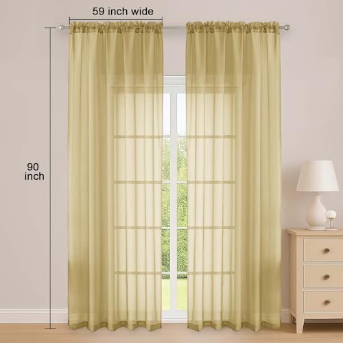 Image of OWENIE Gold Sheer Curtain 90 Inches Long 2 Panels Set, Solid Filmy Drapes for Living Room Bedroom, Elegant Window Voile Sheer Curtain Panels Drapes, 2 Pcs, Each 59 inch Wx90 L Inch