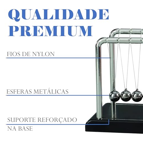 Pendulo de Newton Premium Para Mesa, 13,5 x 11,5 x 13,8 cm, Esferas Metálicas, Base Preta