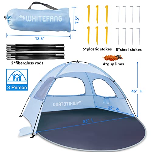 Whitefang Beach Tent Anti-Uv Portable Sun Shade Shelter For 3 Person, Extendable Floor With 3 Ventilating Mesh Windows Plus Carrying Bag, Stakes And Guy Lines (Sierra Blue) #TOP6