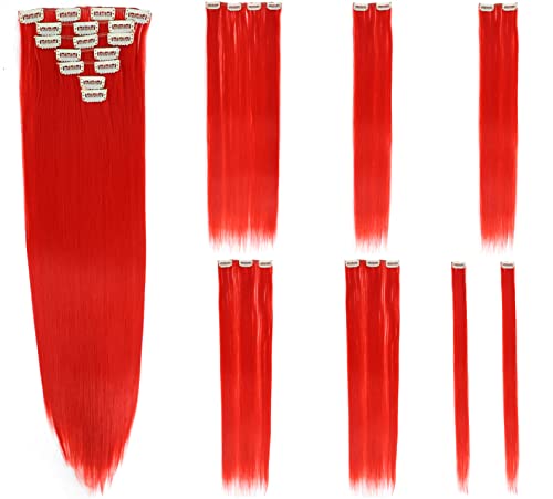SWACC 7 Pcs Full Head Party Highlights Clip on in Hair Extensions Colored Hair Streak Synthetic Hairpieces (22-Inch Straight, Red)