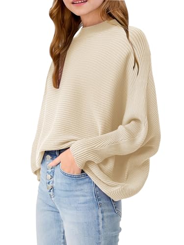 Girls Oversized Sweater Kids Fashion Batwing Sleeve Ribbed Knit Pullover Tops 5-14 Years2