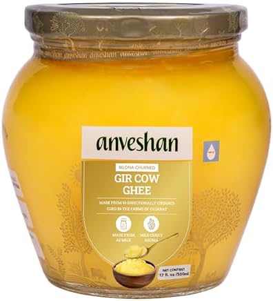 Anveshan A2 Gir Cow Desi Ghee 500ML | Bilona Method | Curd-Churned & Cultured | Pure, Natural & Danedar | Lactose-Free, Gluten-Free | Grass-Fed | Lab Tested | Traditional Desi Ghee