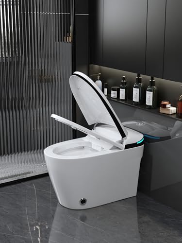 Sanitario inteligente con bidé, apertura automática, sensor de pie, lavado con agua tibia, asiento calefaccionado, secador de aire tibio, pantalla LED, luz nocturna, blanco miniatura 3
