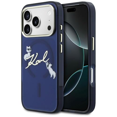 CG MOBILE Karl Lagerfeld IML Choupettes Karl Script Log compatible avec MagSafe Coque pour iPhone 17 Pro (bleu)