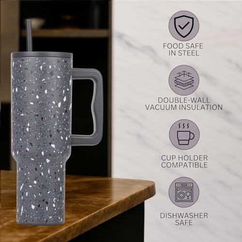 Image of Tumbler with lid and Straw 1200ML Cup Stainless Steel Insulated Cup for Water, Iced Tea or Coffee 1.2L Office Gym Travelling; Tumbler with Straw. (40 - Oz -Grey Paint)
