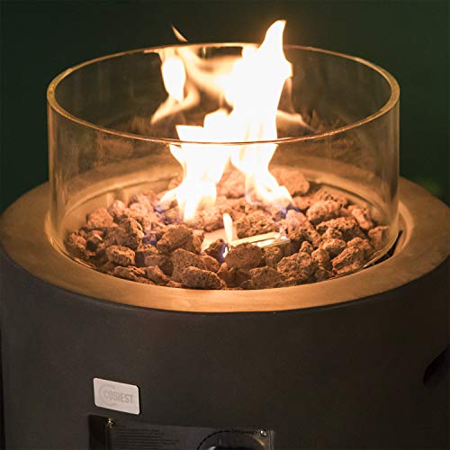 COSIEST-Outdoor-Propane-Fire-Pit-Table-w-Compact-Ledgestone-16-inch-Round-Graphite-Base-and-Glass-Wind-Guard-40000-BTU-Free-Lava-Rocks-Fits-20lb-Grayish-Green