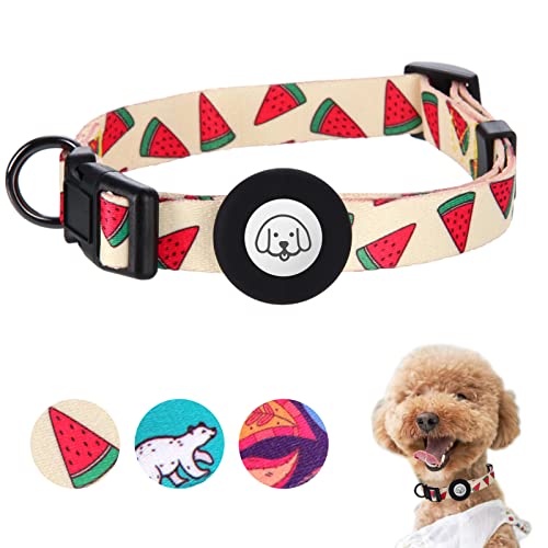 Adjustable Soft Airtag Dog Collar, Print Flower Multicolor Cute Patterns Polyester Dog Collar With Silicone Apple Air Tag Holder Case For Small Medium Large Dogs Girl Boy Puppy (L, Watermelon Red) #TOP3