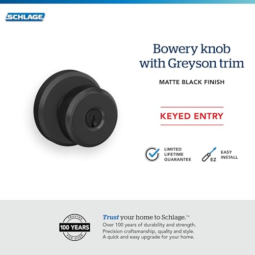 Image of Schlage F51A BWE 622 GSN Bowery Door Knob with Greyson Trim, Keyed Entry Lock, Matte Black