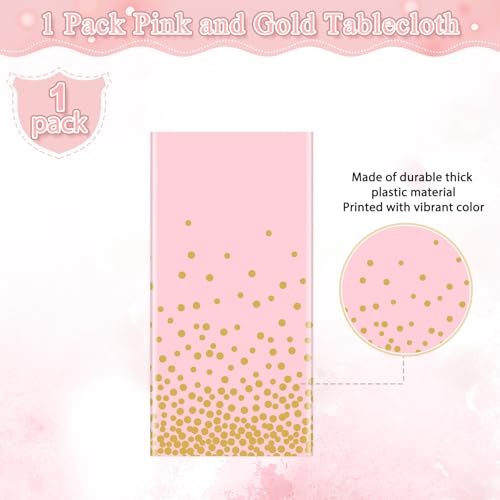 Image of 1 Pack Pink and Gold Plastic Tablecloth for Parties, Pink Disposable Table Cloth for Rectangle Tables, Gold Stamping Dot Confetti Light Pink Tablecloth for Birthday Wedding Baby Shower Party, 54x108 inch