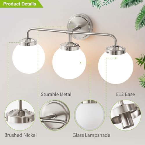 Image of Bathroom Light Fixture 22.4in 3Light Brushed Nickel Vanity Light for Mirror | Bathroom Lighting Fixtures over Mirror, ETL, Brushed Brass Wall Sconce, Dimmable E12 Base Max 60W, Milky Glass Ball Shades