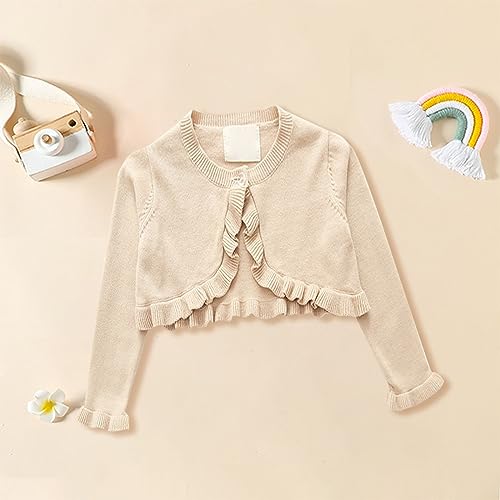 Kids Girls Ruffled Knitted Sweater Cardigan Solid Color Single Button Long Sleeve Sweatshirt Casual (Beige, 4-5 Years)3