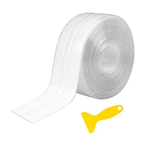Dreetino Caulk Strip, 11ft Self Adhesive Caulk Strip Sealant Tape for Bathroom, Kitchen and Toilet with Sealing Tool -Transparent (Double fold) Cover