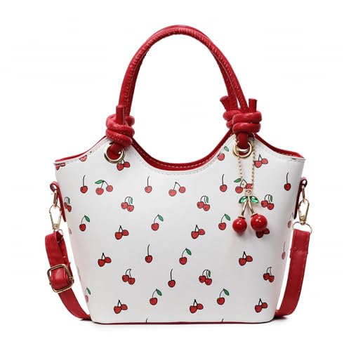 Image of Cherry Leather Tote Bag - Cute Y2K Shoulder Purse for Women, Red Designer Handbag with Top Handle, Fruit Print Clutch Satchel