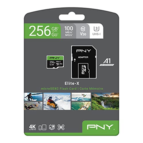 Image of PNY 256GB Elite-X Class 10 U3 V30 microSDXC Flash Memory Card - 100MB /s, Class 10, U3, V30, A1, 4K UHD, Full HD, UHS-I, Micro SD