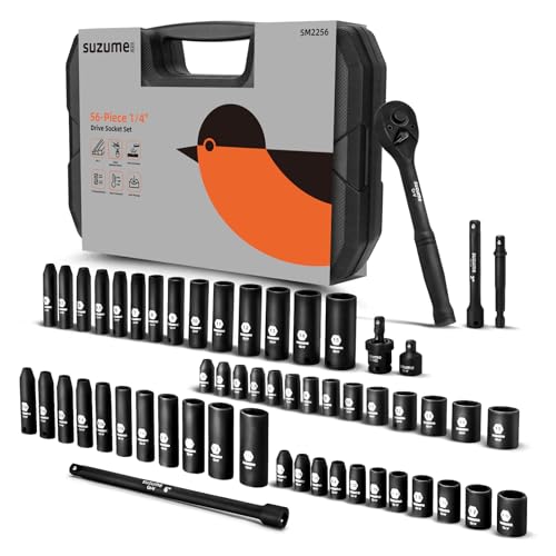 1/4' Drive Impact Socket Set, Cr-V Steel, 6 Point, 56-Piece Standard Metric (4-15mm) and SAE (5/32-Inch to 9/16-Inch) Sockets with Adapters & Ratchet Handle, Extension Bars, Universal Joint