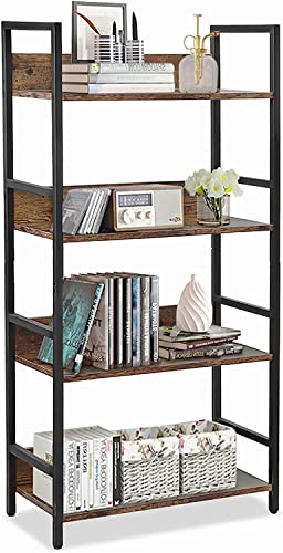 Vanspace Bookshelf 4 Tier Industrial Bookcase Rustic Wood And Metal Standing Bookshelf With Back Panel Book Shelf For Bedroom, Home Office Storage Rack Shelf, Rustic Brown #TOP11