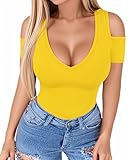HERLOLLYCHIPS Women Tops Summer Deep V Neck Short Sleeve Cold Shoulder Slim Fit Casual Sexy Tees T-Shirts, Yellow Medium