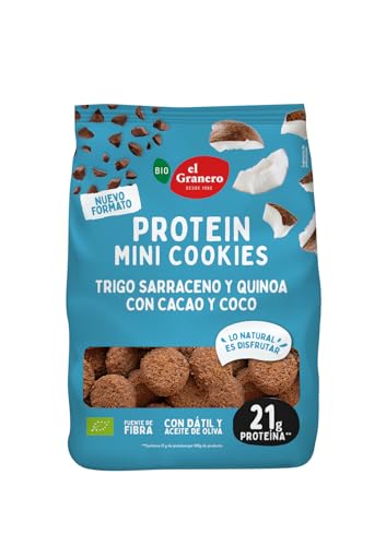 El Granero Integral - Mini Cookies Proteicas de Cacao y Coco BIO - 130 g - Alto Contenido en Proteínas - Fuente de Energía Natural - Aptas para Dietas Saludables
