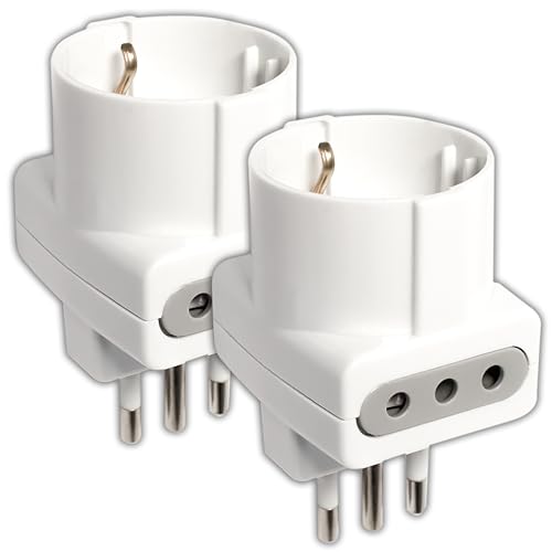 V-TAC 2 x Regleta Adaptador Triple con 2 Tomas 10 A + 1 Toma Frontal bipaso Schuko y Enchufe 16 A – Adaptador de Corriente de Pared para casa, Oficina, Tienda, Empresa, Blanco – Máx. 1500 W