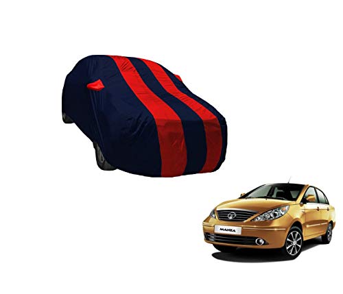 Image of Auto Hub Car Cover Compatible with Tata Manza with Weather Proof, Mirror Pocket, Triple Stitched, Manza Car Cover- Navy-Red