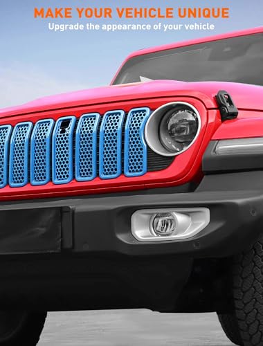 Image of Savadicar Front Grill Inserts with Camera Slot for 2024+ Jeep Wrangler JL 4XE & Gladiator - Elevate Your Wrangler's Aesthetics with Mesh Grille Cover Guard, Exterior Trim Accessories, 7PCs, Baby Blue