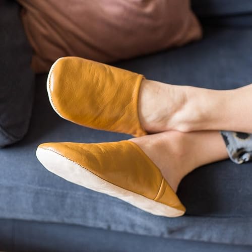 Moroccan Leather Babouche Slippers, Handmade Slippers, Sheepskin Slippers, Babouche, Mules, Hand Dyed, Organic. (6.5 UK / 40 EU / 8 US women's, Gold)3