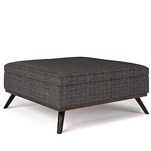 SIMPLIHOME Owen 36 inch Wide Mid Century Modern Square Coffee Table Storage Ottoman in Ebony Tweed Look Fabric, Assembled, for the Living Room, Entryway and Family Room