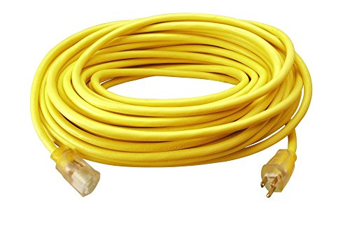 Southwire Outdoor Extension Cord – Durable Vinyl Jacket for For Farm, Ranch & Workshop - Lighted End With Reinforced Blades - SJTW, Yellow - 12 Gauge, 3 Prong - 100 Feet