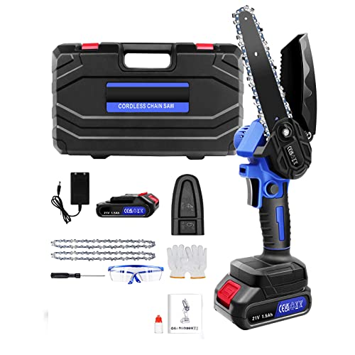 6 pulgadas Mini Motosierra Bateria Diámetro de corte 0-80 mm, Motor sin Cepillo Motosierra Eléctrica Bateria con 1 batería y 2 cadenas, Motosierra Inalámbrica para Podar Árboles de Jardinería