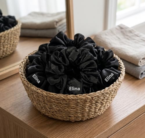 Image of Elina Luxury Satin Scrunchies Set Anti-Hair-Breakage, Silk Hair Ties Set For Girls, Women Elastic Rubber, Best Gift For Mom, Sister, Friends (Pack of 6)(Black color Scrunchies)