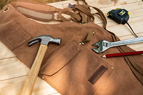 Woodworking Shop Aprons For Men And Women | 16 Oz Durable Waxed Canvas Work Apron With Pockets | Cross-Back Straps | Adjustable Tool Apron Up To Xxl | Gift For Woodworker - Bring A Smile To Their Face #TOP7