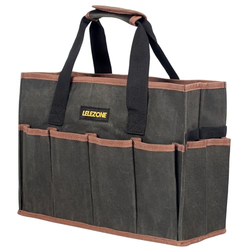 Tool Bag 16 oz. Waxed Canvas Tool Bag Large Capacity Tool Storage Tote comes with a Main Compartment and 12 Exterior Pockets for Wrenches, Scissors, Hammers or a set of Garden Tools and More ArmyGreen