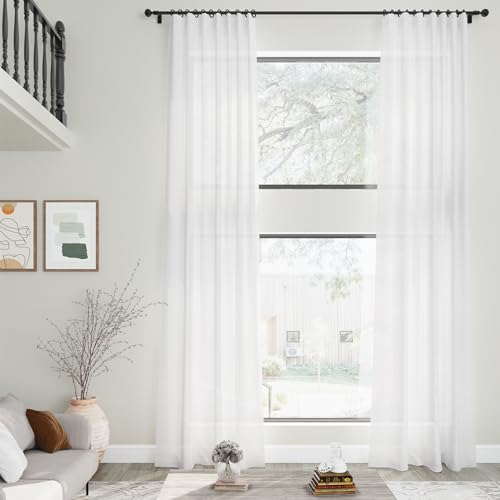 Image of Linen White Curtains 135 inch Extra Long for Living Room Back Tab Light Filtering Semi Sheer Drapes Modern Farmhouse Coastal Decor Cotton Textured Curtain for Floor to Ceiling High Window 52x135
