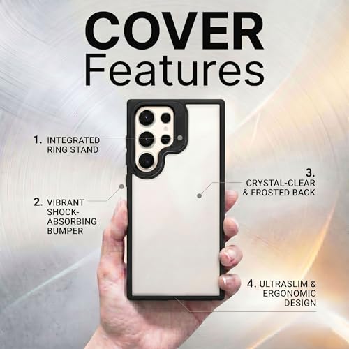 Image of amazon basics Frosted Matte Case for Samsung Galaxy S24 Ultra 5G | Built-in Flip-Out Camera Lens Stand | Translucent Back with Contrast Black Bumper | Shockproof Protective Cover