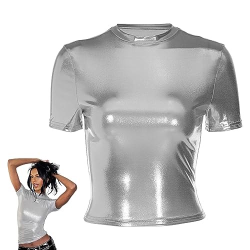 Glänzende Damen-Oberteile, holografisches metallisches kurzärmliges Slim-Fit-T-Shirt, schimmerndes Crop-Top, Mock Neck Partybluse, glitzernde Disco-T-Shirt-Bluse für Festival, Rave, Kostüm, Clubwear