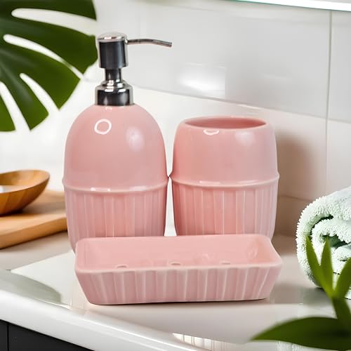 Image of Ceramic Bathroom Accessories Set for Utility and Bathroom Decor | Liquid Soap Dispenser, soap Tray, Toothbrush Holder (Exclusive Bathroom Set) (Pink)