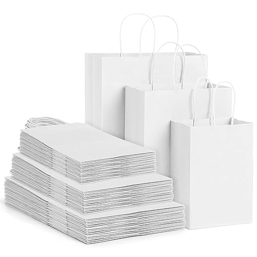 Image of Aakriti White Kraft Gift Bags with Handles, Natural Plain Kraft Paper Shopping Bags for Retail Business, Grocery, Craft, Birthday, Wedding, Party Favors in 3 Sizes (30 PCS White Paper Bag) Mix Sizes