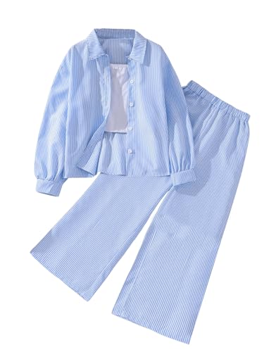 Image of MakeMeChic Girl's 2 Piece Outfit Striped Long Sleeve Button Down Shirts and Elastic Waist Pants Set Light Blue 9Y