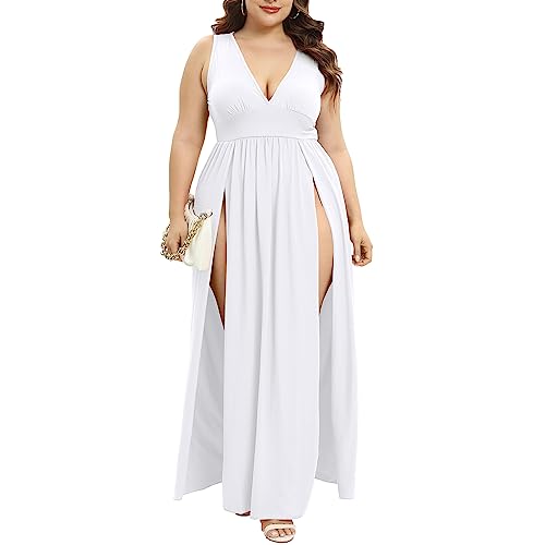 Image of SILUI Women's Summer 2026 Sexy Double High Slit Deep V Neck Plus Size Sundresses Thigh Split Maxi Club Party Dresses